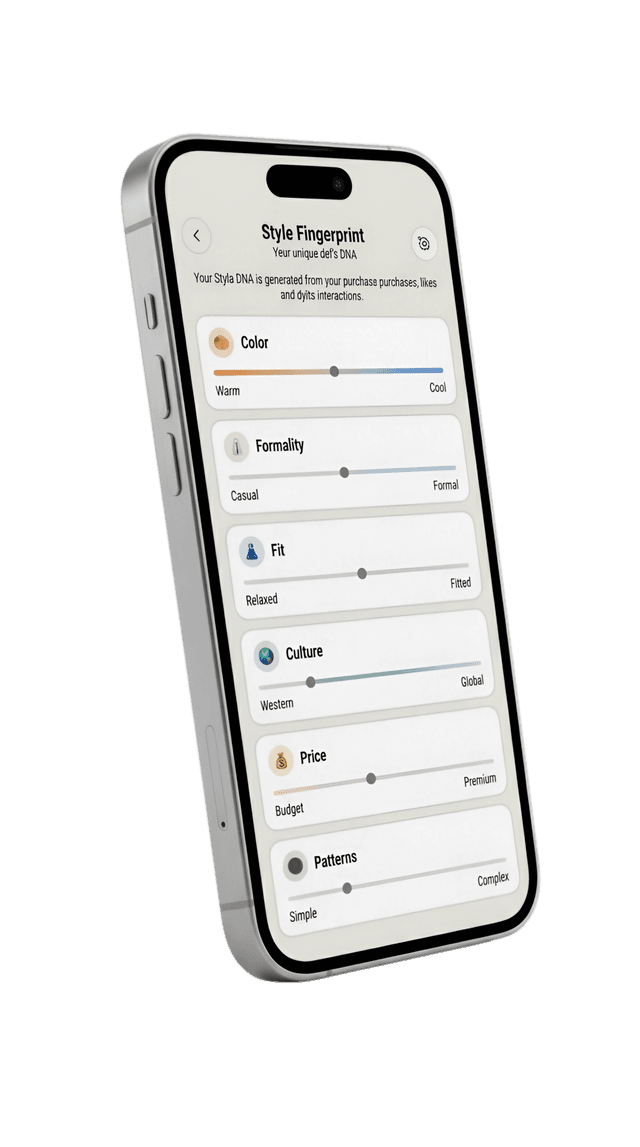 Style Fingerprint screen showing sliders for color, formality, fit, culture, price and patterns